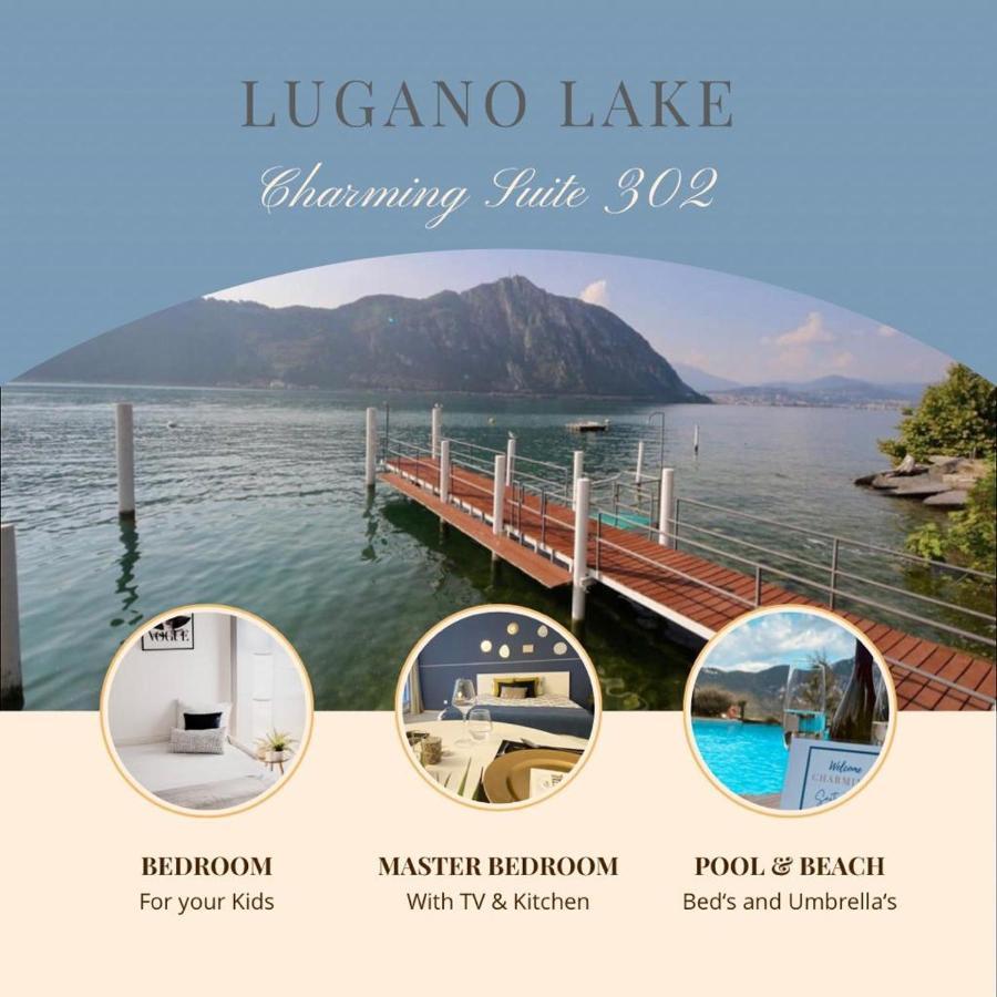 Luganersee, Pool, Strand, Parkplatz, Suite Bissone Bagian luar foto